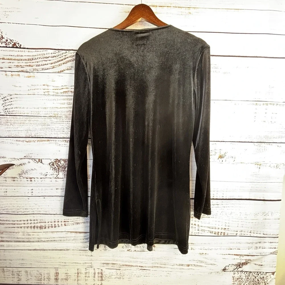 Vintage Tunic Libra L Black Velvet V-Neck Side Slit Long Sleeve Top